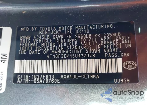 2011 Toyota Camry Le из США, поврежденный, VIN 4T1BF3EK1BU127978